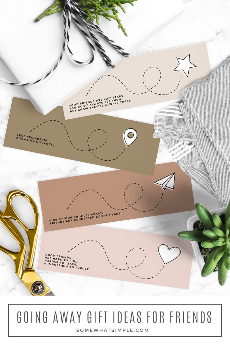 long image of printable gift tags with gold scissors and a plant