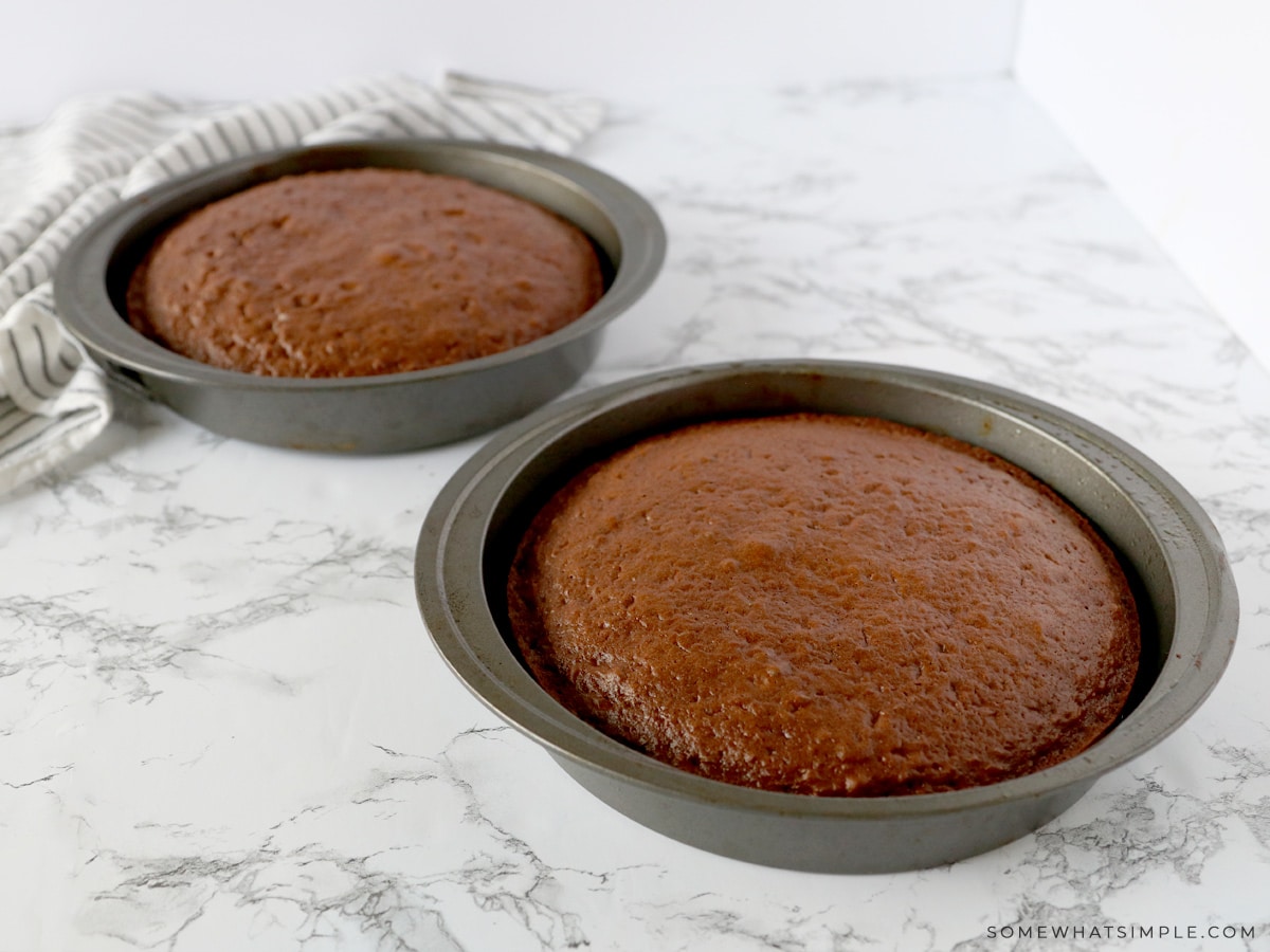 2 round chocolate cakes in round cake pans