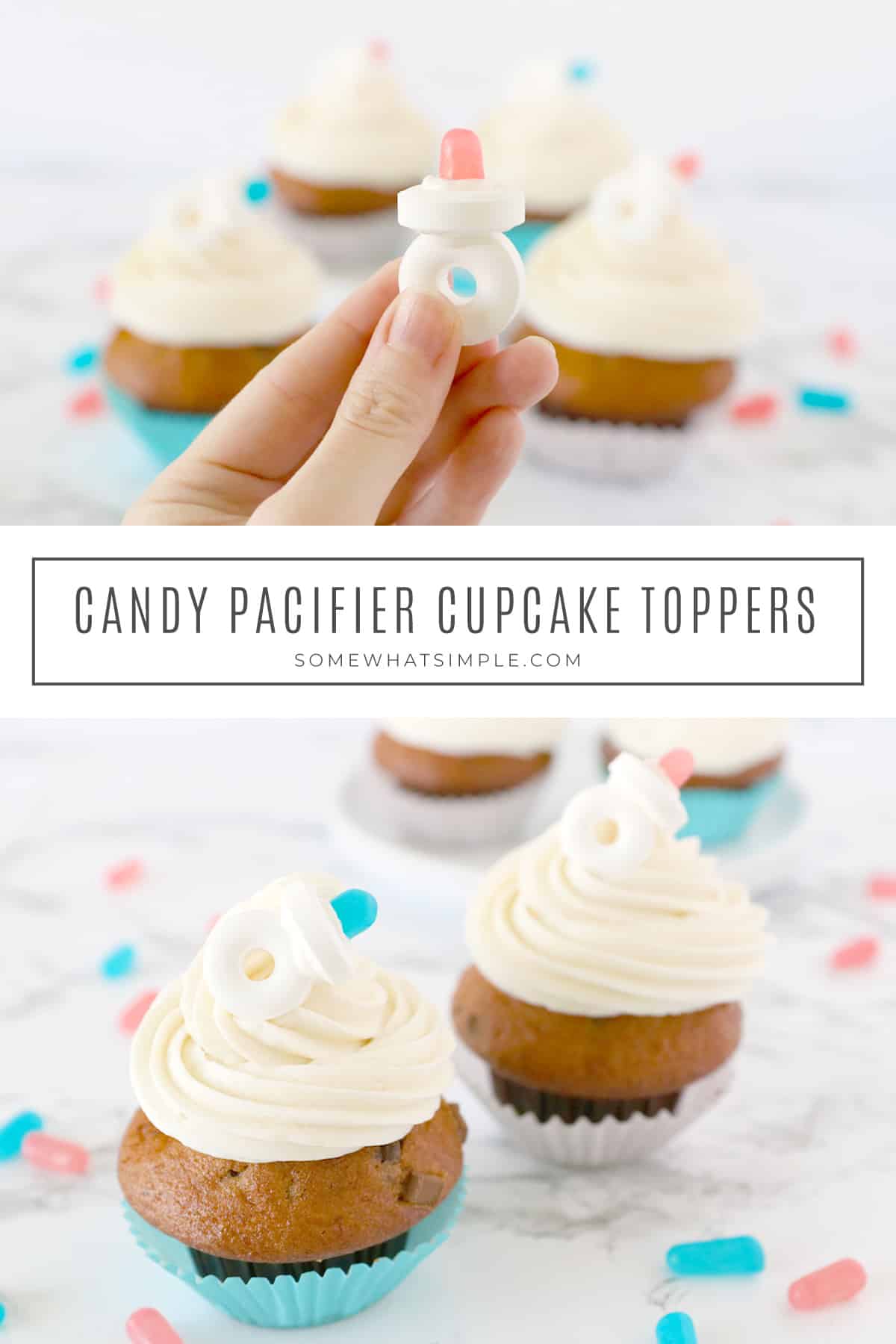 Impress your guests and add a sweet charm to your baby shower celebrations with these simple candy pacifier cupcake toppers. via @somewhatsimple