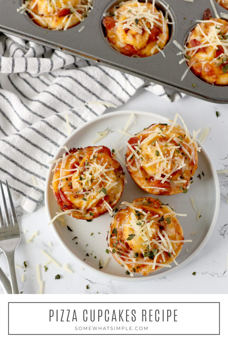 long image of pizza cupcakes on a plate