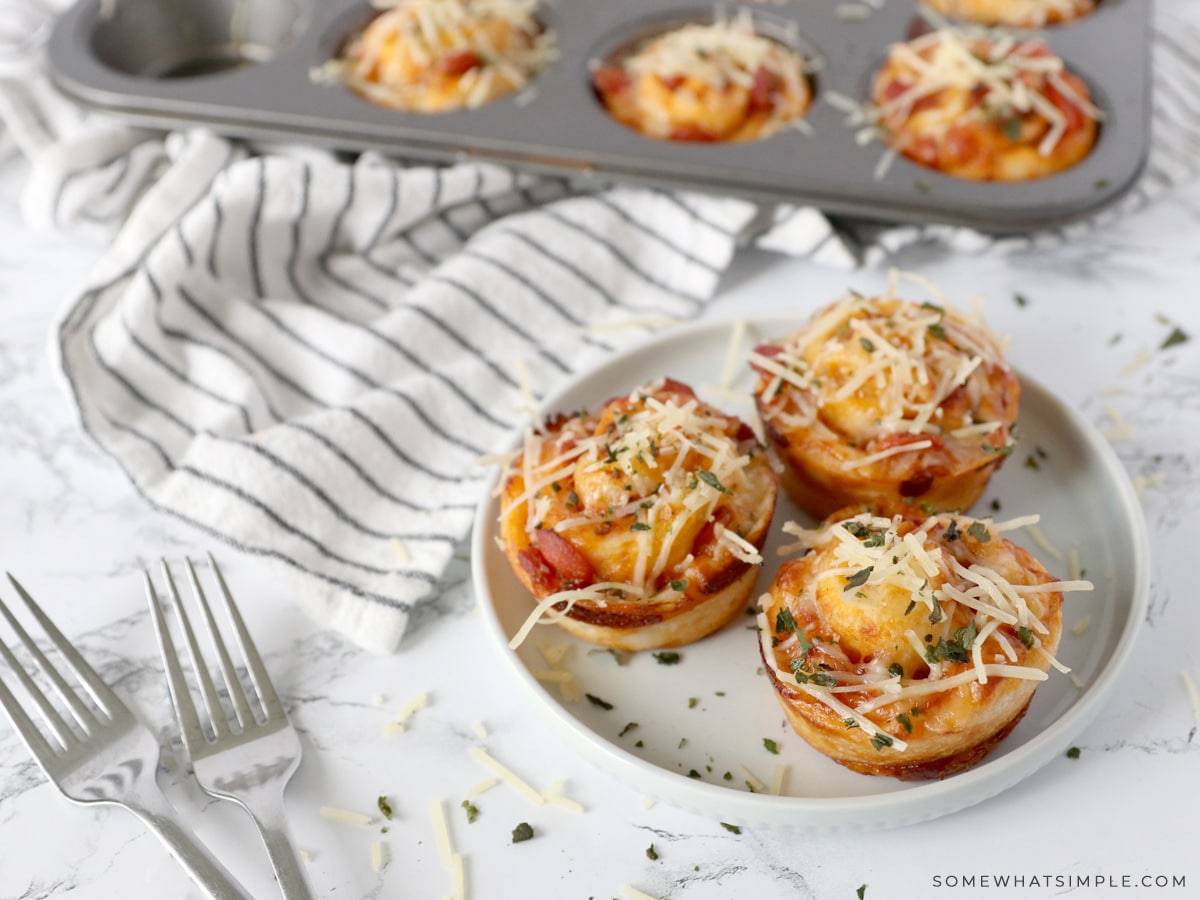 pizza cupcakes on a white plate