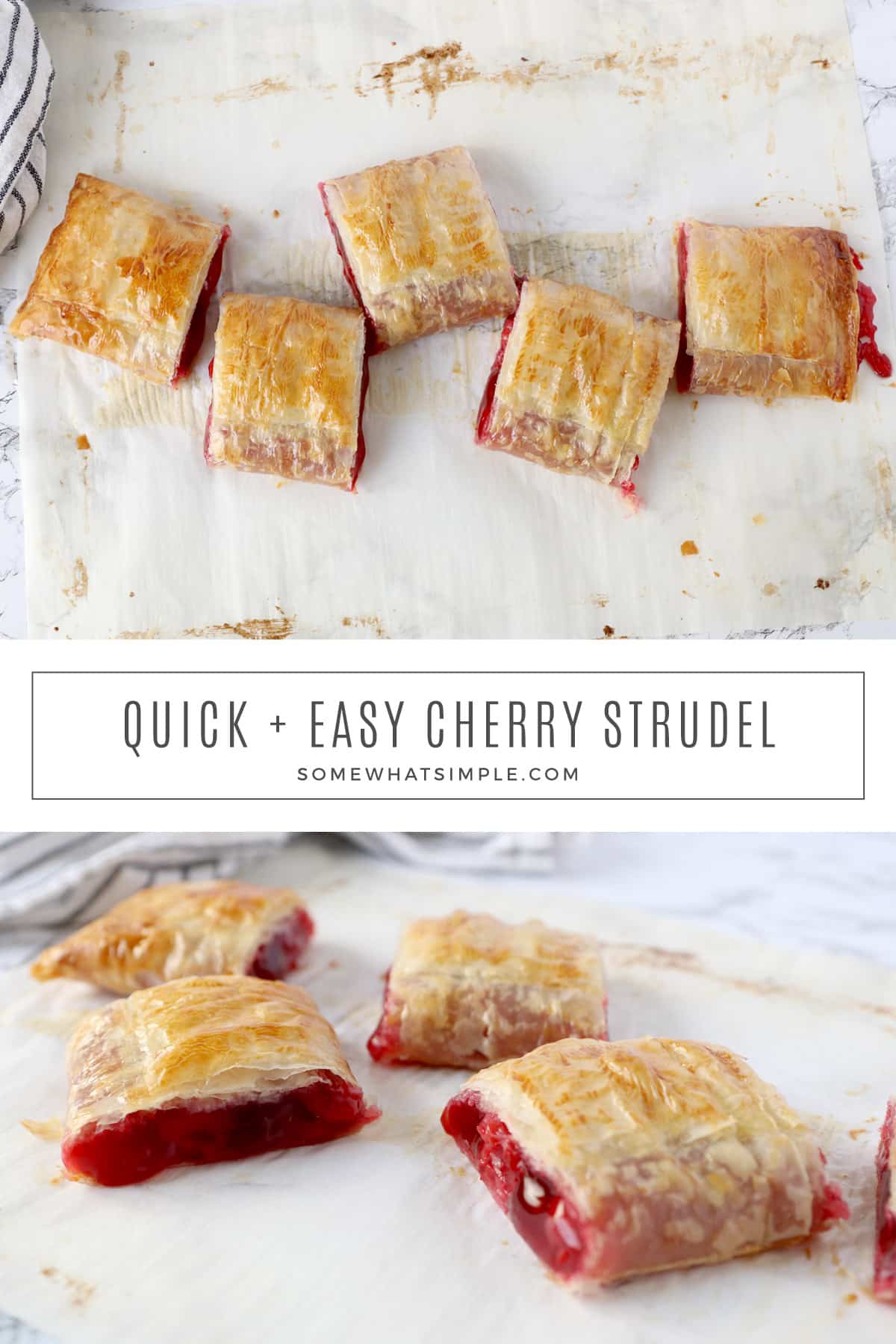 This easy cherry strudel recipe is a great holiday dessert. Make this easy treat in under 30 minutes. via @somewhatsimple