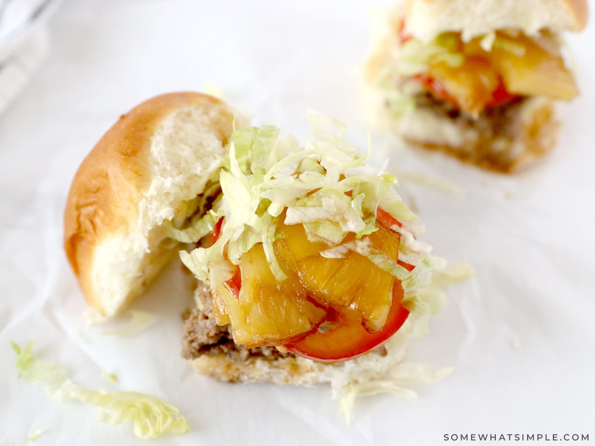 close up of teriyaki hawaiian beef sliders