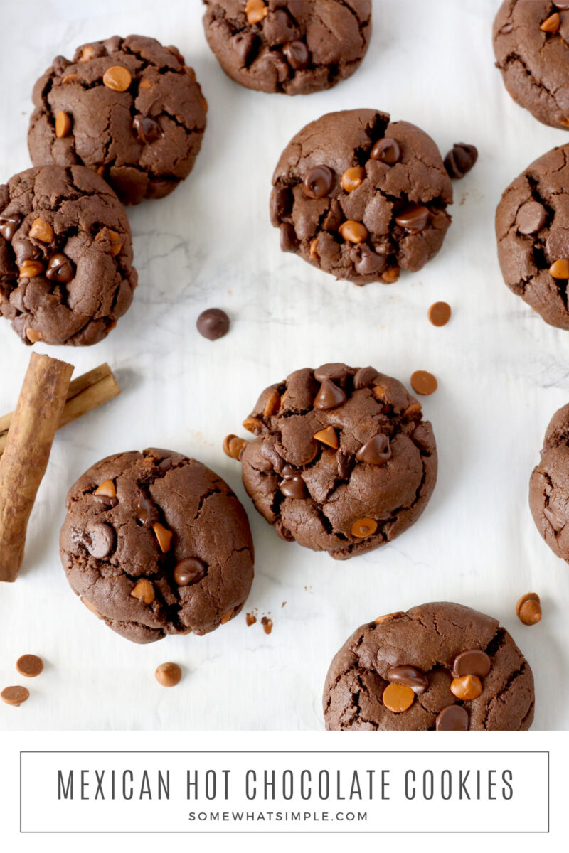 long image of Mexican Hot Chocolate Cookies laying on the counter