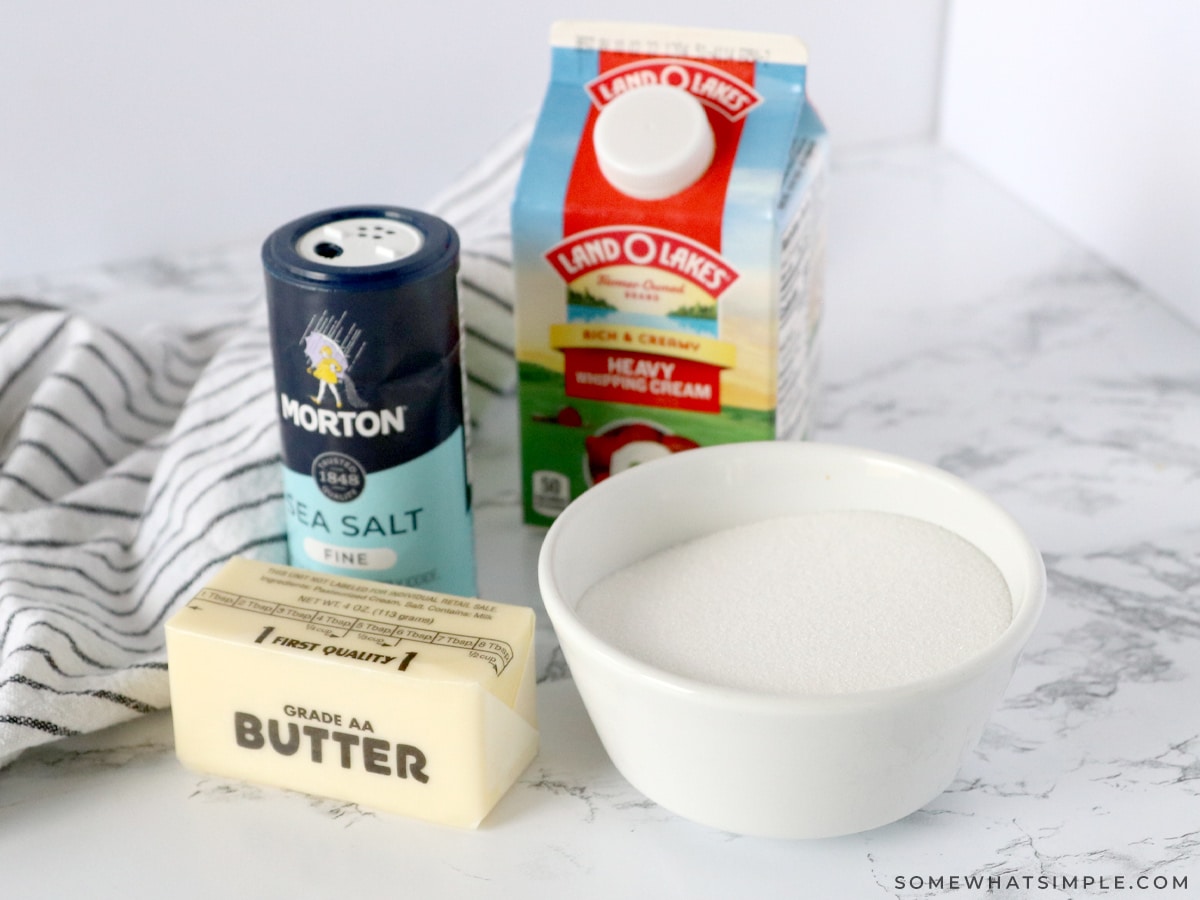 ingredients to make salted caramel sauce on the counter