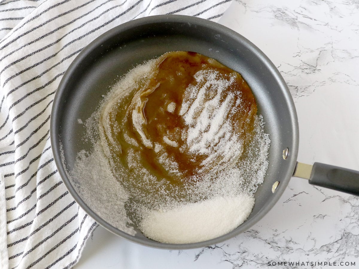 making salted caramel sauce in a sauce pan on the stove