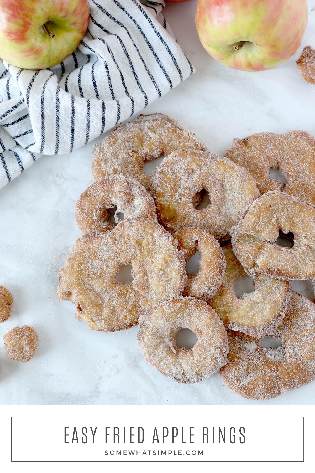 Fried apple rings are a festive fall treat made from fresh apples, cinnamon, and sugar. They're easy to make and taste delicious!  via @somewhatsimple