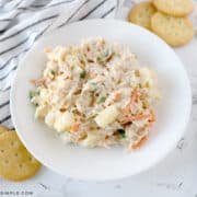 pineapple chicken salad in a white serving bowl