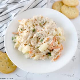 pineapple chicken salad in a white serving bowl