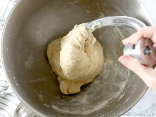 bread dough in a mixing bowl