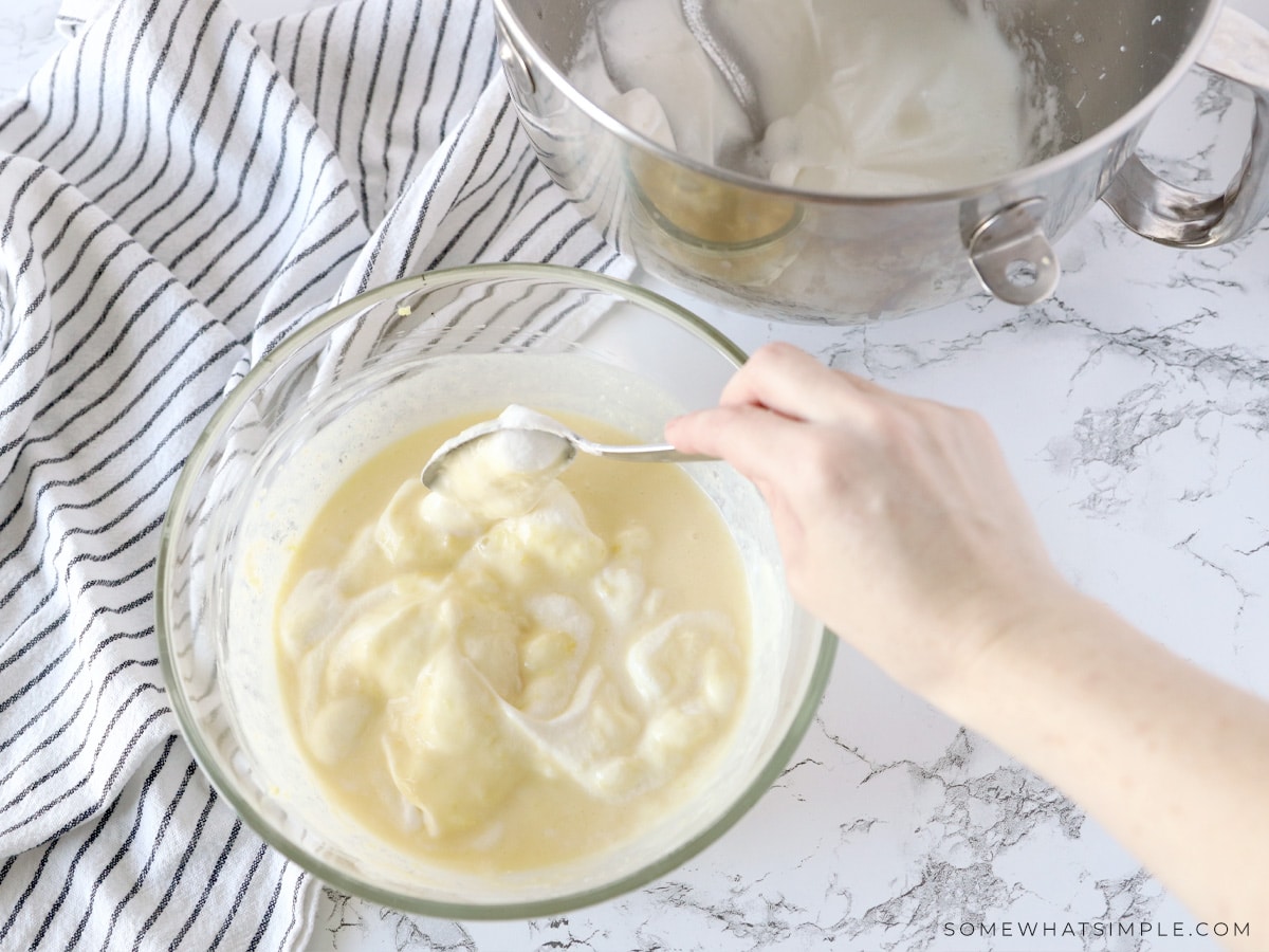 mixing sugar into a batter for lemon souffles