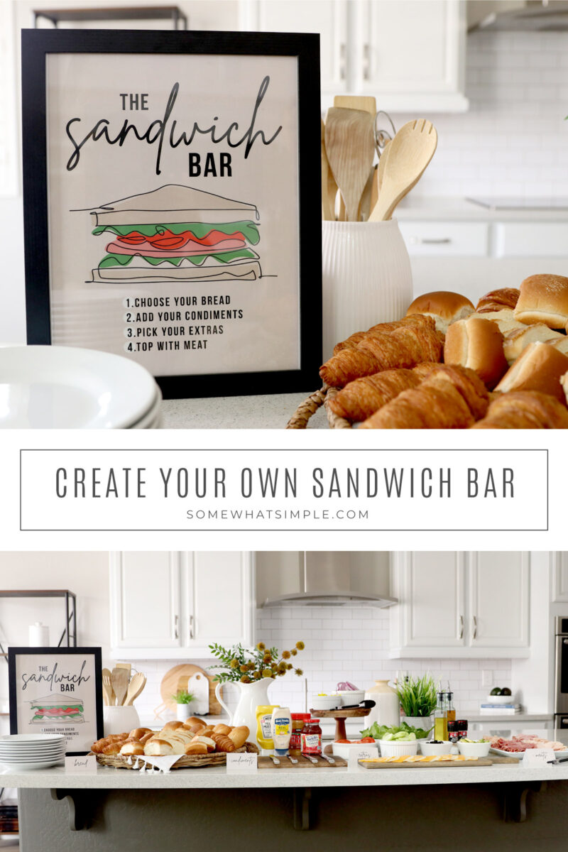 collage of images showing a sandwich bar set up on a buffet table