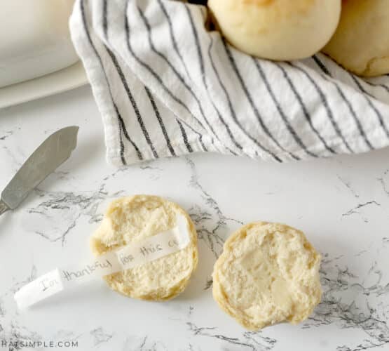 dinner rolls with strips of paper in them