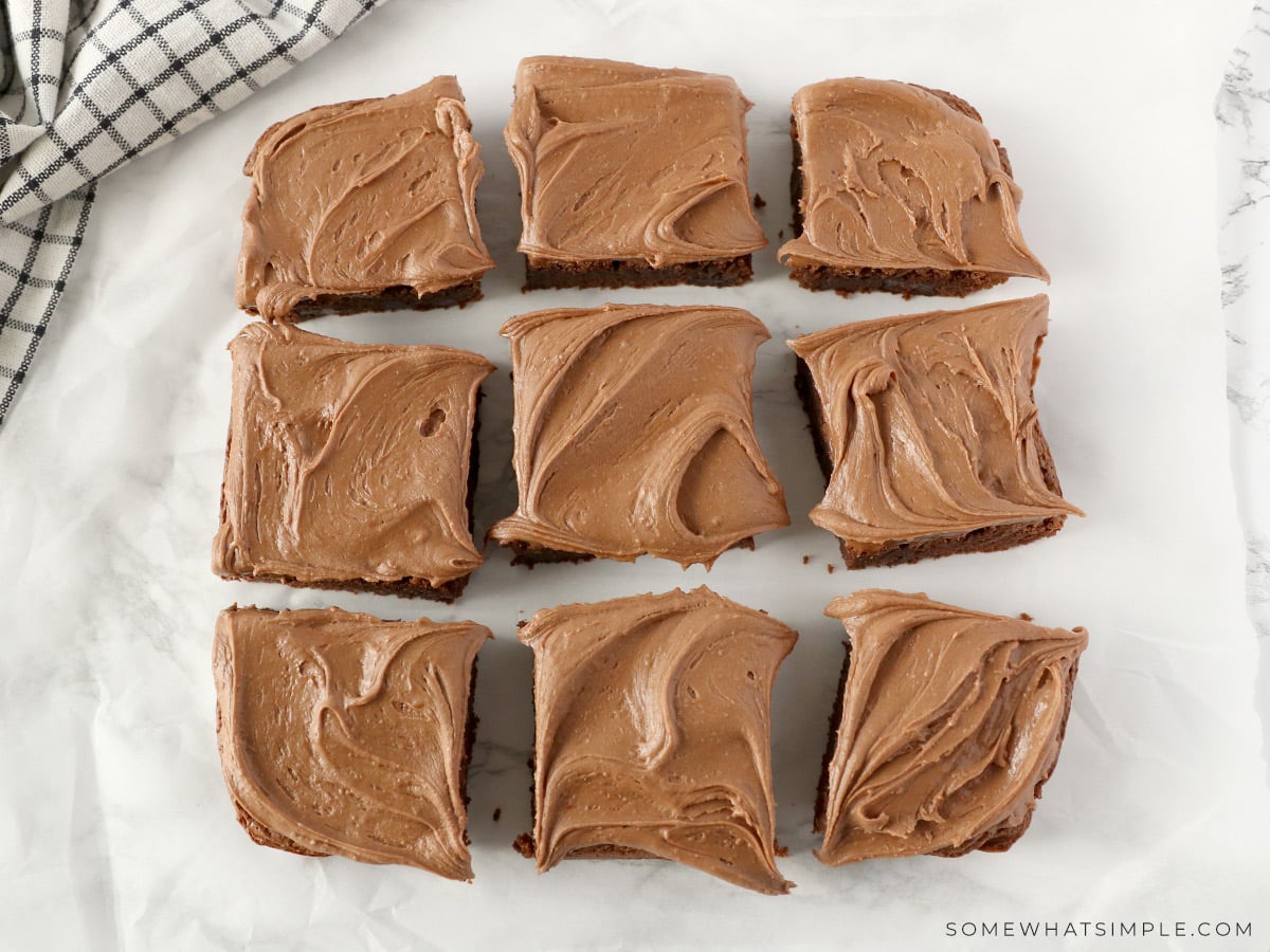 9 brownies sitting on a counter in a grid layout