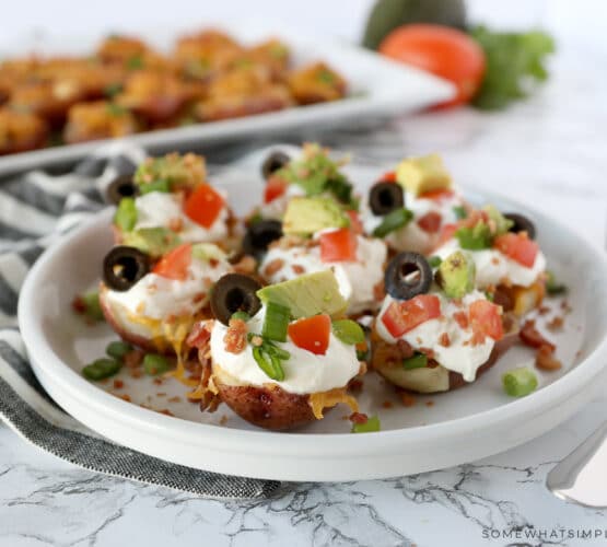 plate with mini potato poppers arranged with toppings
