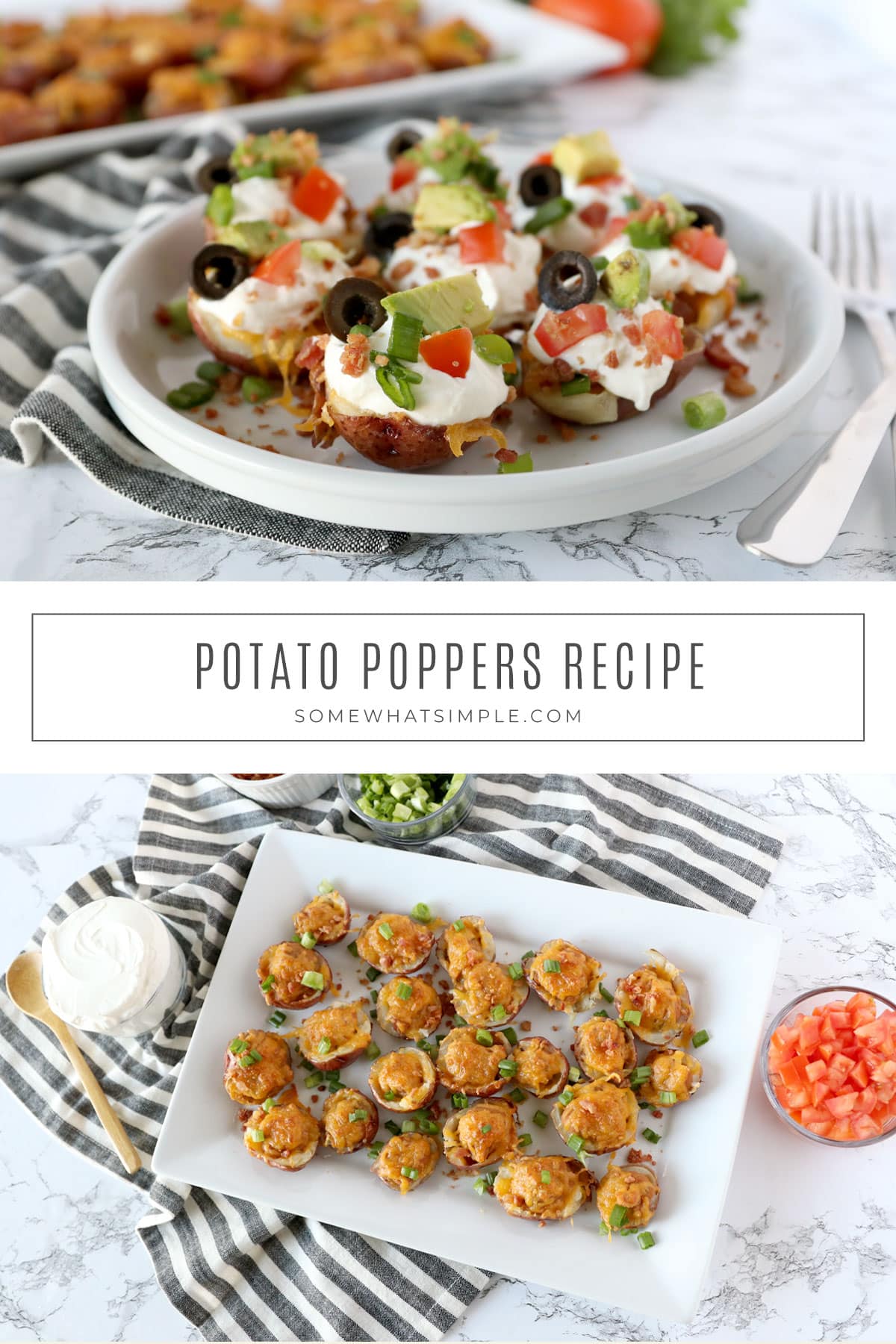 Bite-sized potato skins are easy to make and as easy to eat. Loaded with your favorite nacho toppings, it's a perfect game-day appetizer! via @somewhatsimple