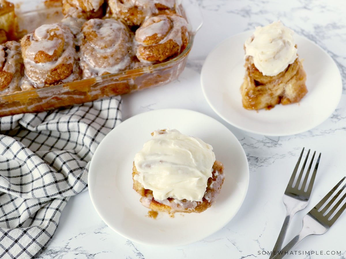 plated 30-minute cinnamon rolls with tray in background