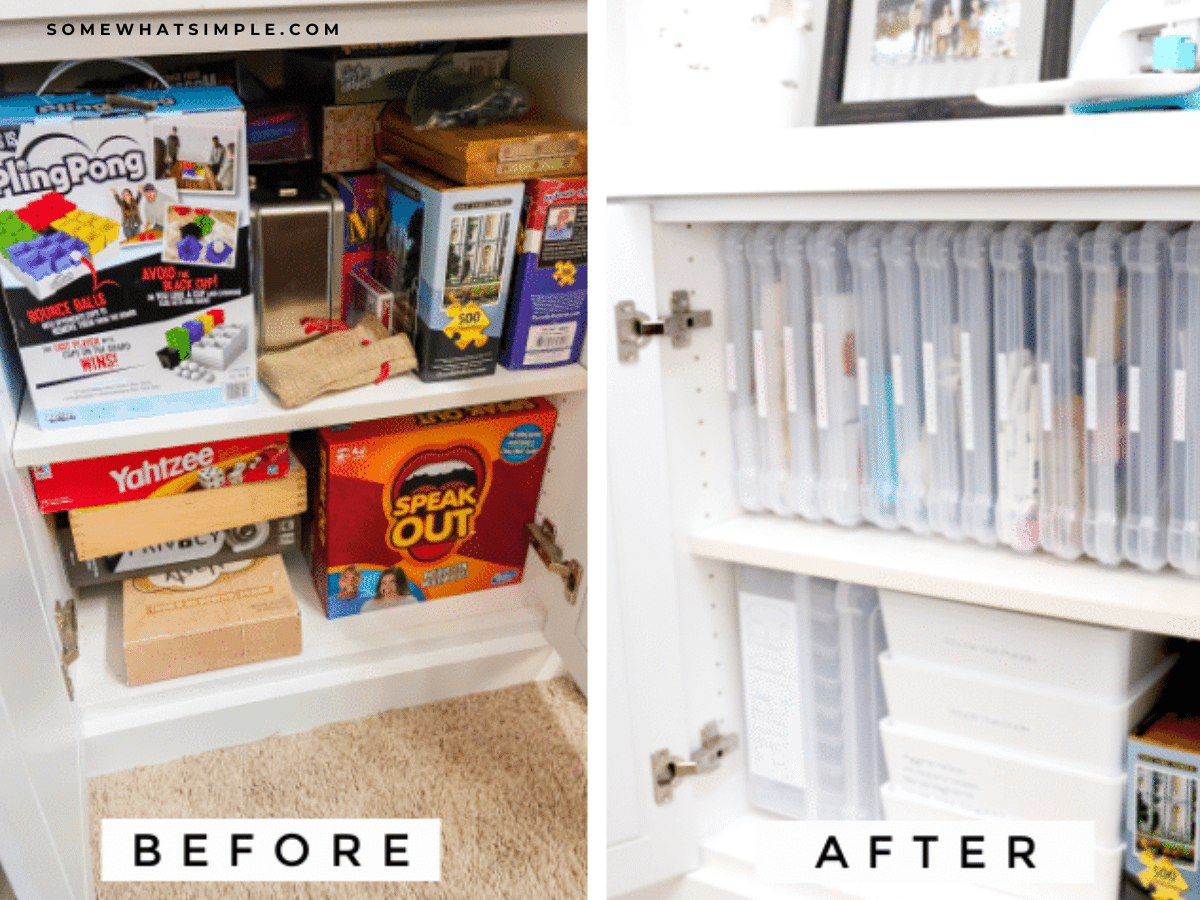 side by side before and after pictures of a game cupboard