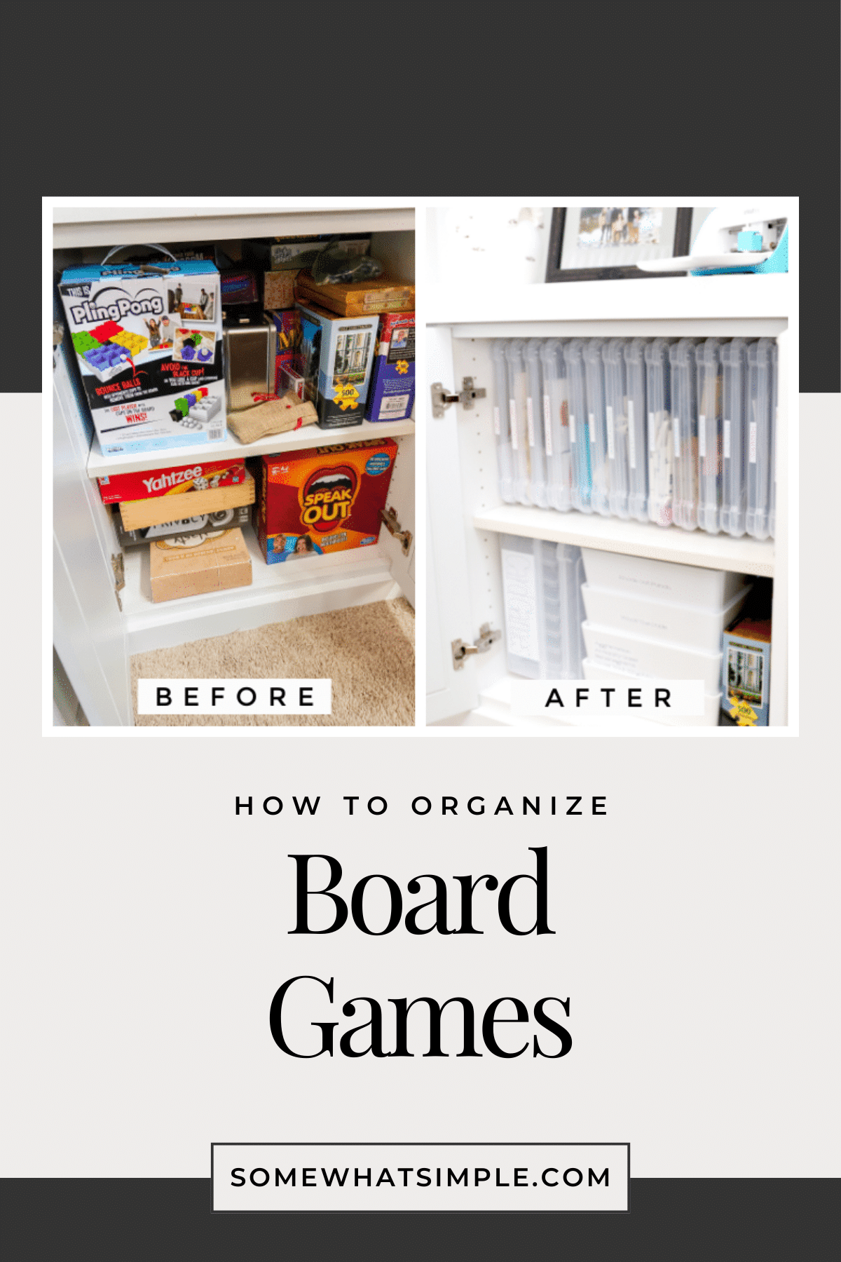 Maximize your cupboard space and get rid of worn boxes once and for all with these simple Board Game Storage and Organization tips! via @somewhatsimple
