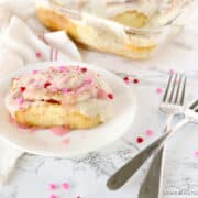 pink frosted cinnamon rolls for Valentines Day