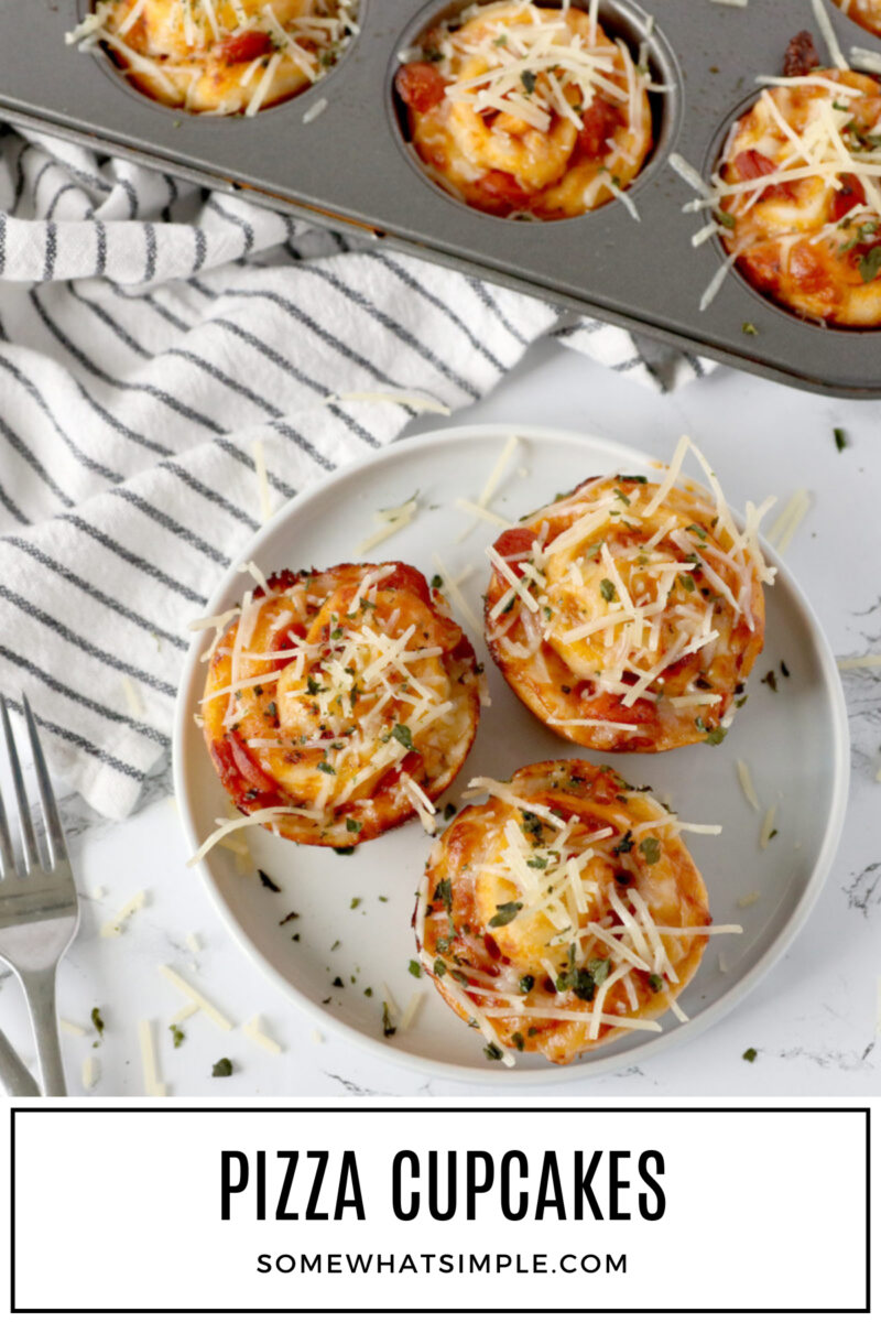 Long image of pizza cupcakes plated with a tray in the background