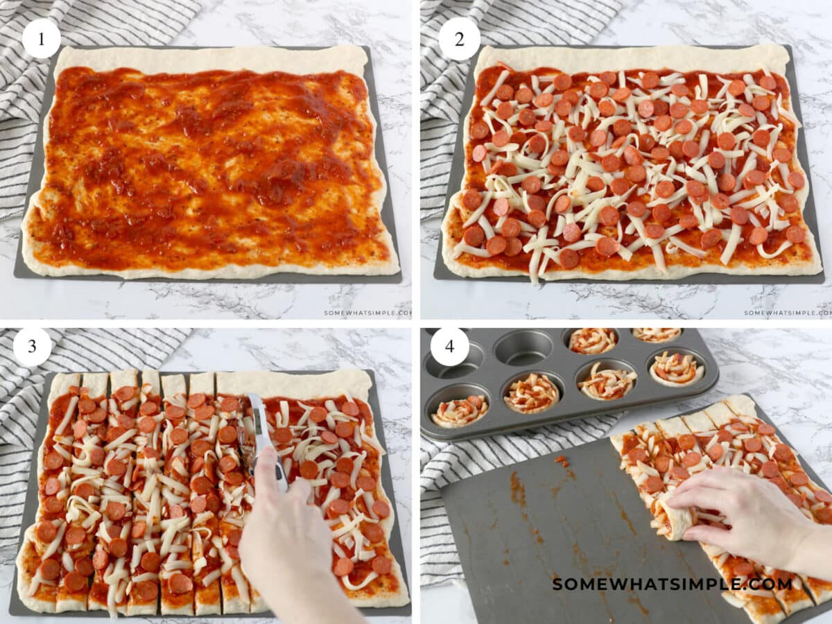 collage of images showing how to make pizza cupcakes
