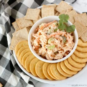 overhead shot of buffalo chicken salad on a platter with crackers