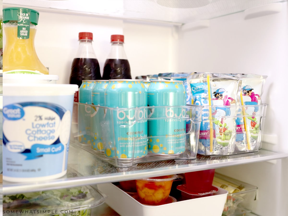 closeup of organized fridge contents on a shelf