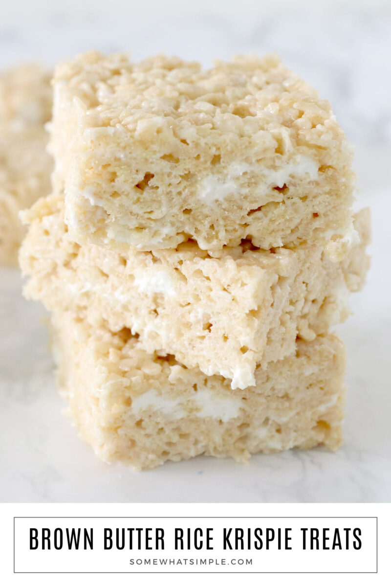 close up of a stack of brown butter rice krispie treats