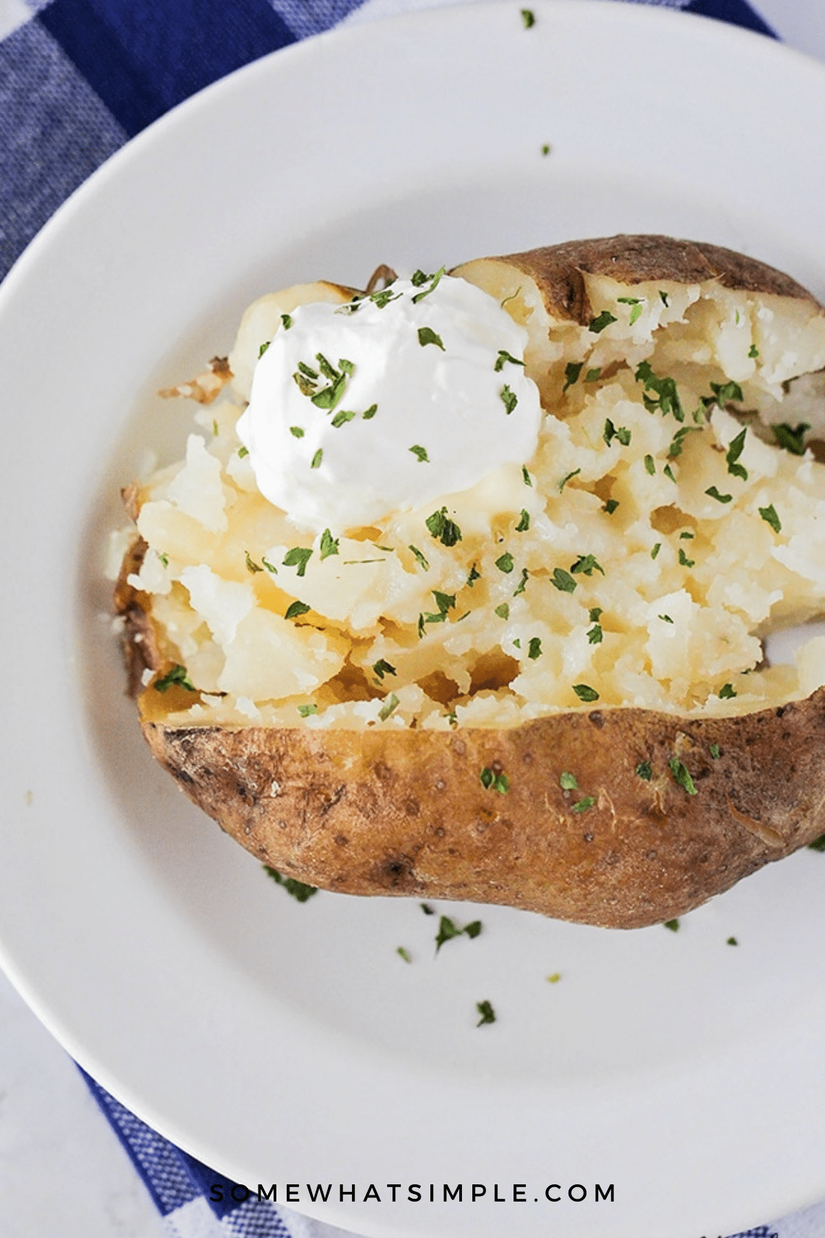 overhead shot of a baked potato with all the fixings