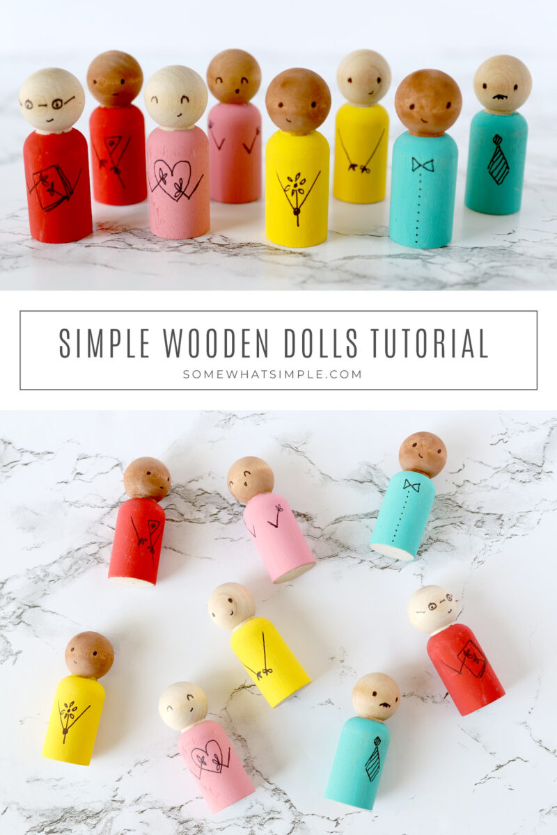 collage of images showing how to make wooden spool dolls