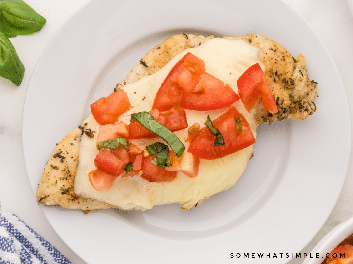 1 grilled breast of chicken topped with cheese and bruschetta