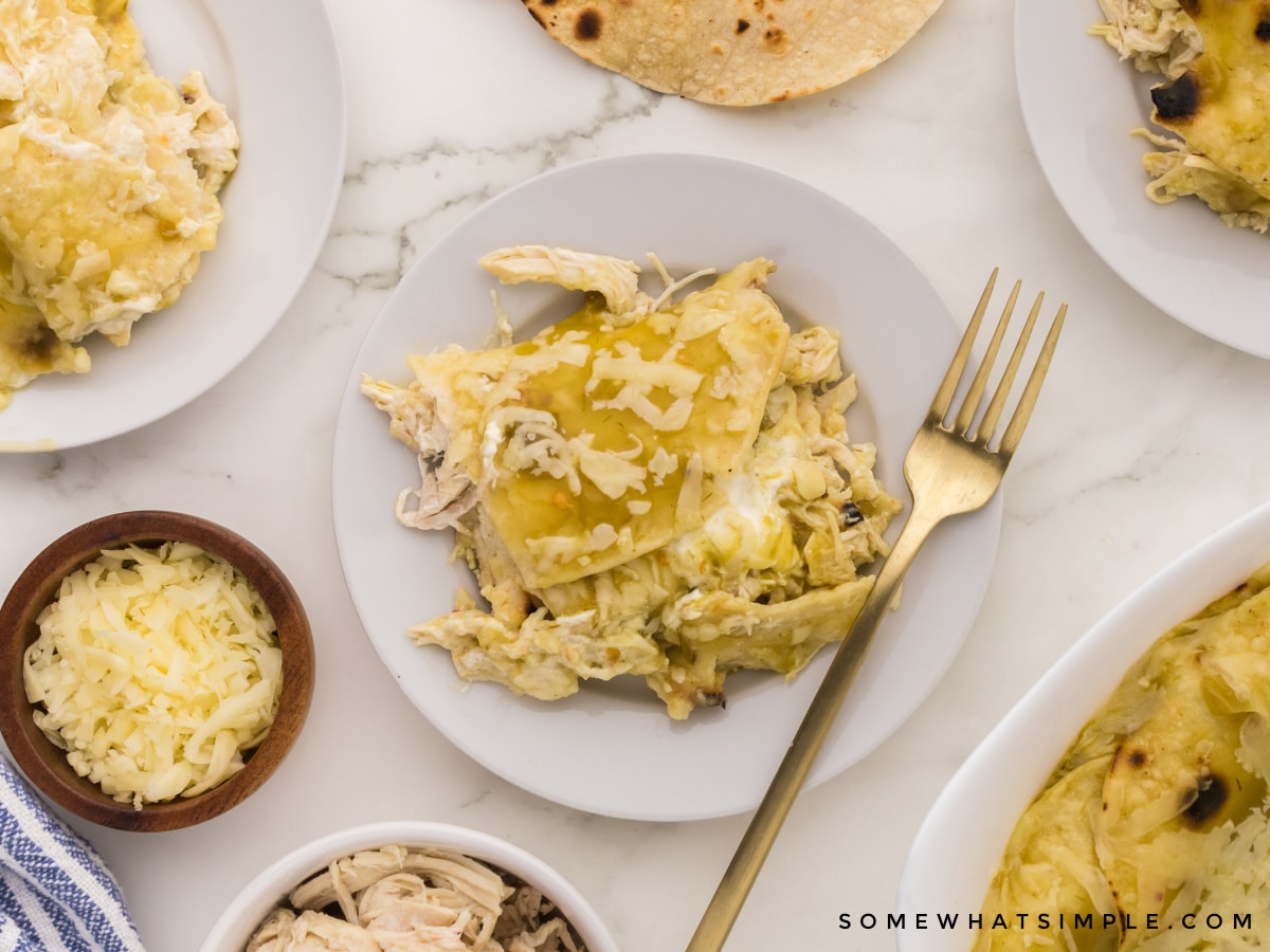 plated green chili chicken enchilada casserole