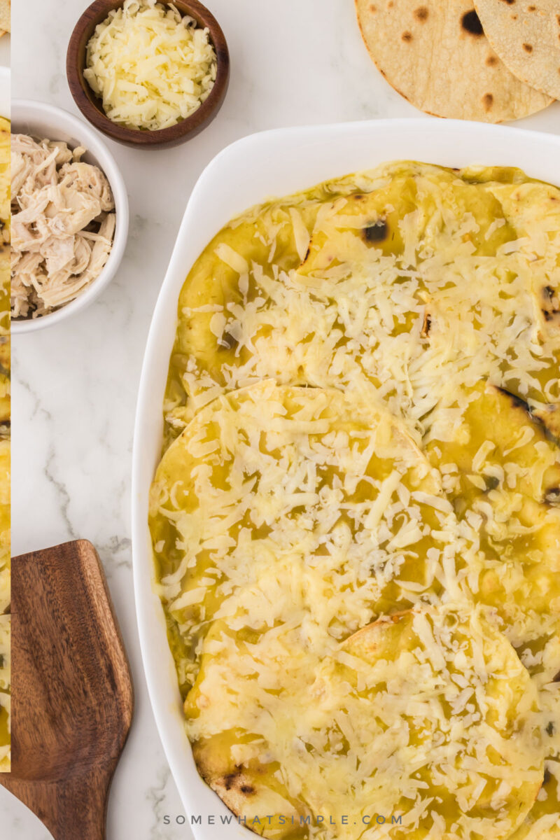 finished enchilada casserole in a baking dish