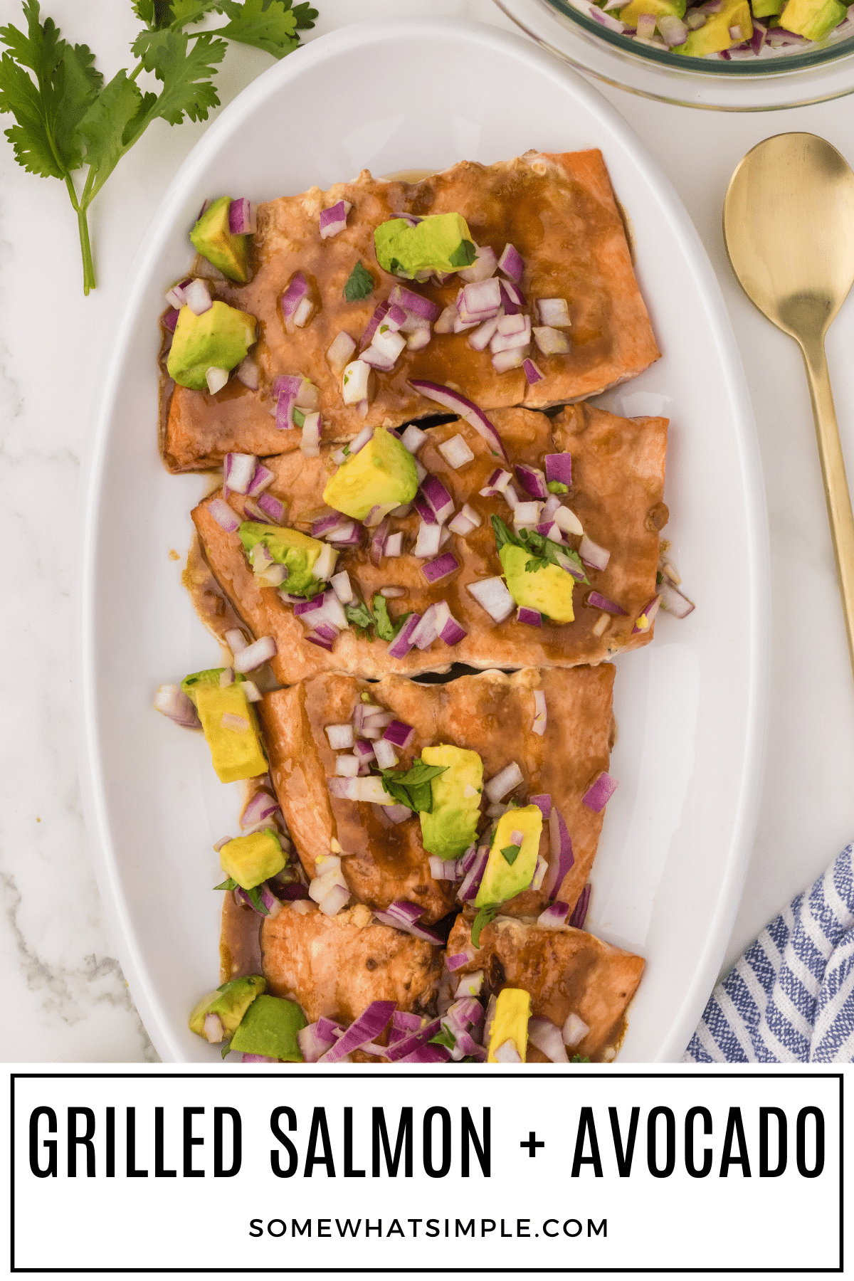 This recipe for grilled salmon with avocado salsa is a healthy, low-carb, simple meal idea that is easy to make in under 30 minutes! Tender flaky grilled salmon paired with a refreshing zesty avocado salsa makes for a delightful and impressive dinner for busy weeknights and special occasions! via @somewhatsimple
