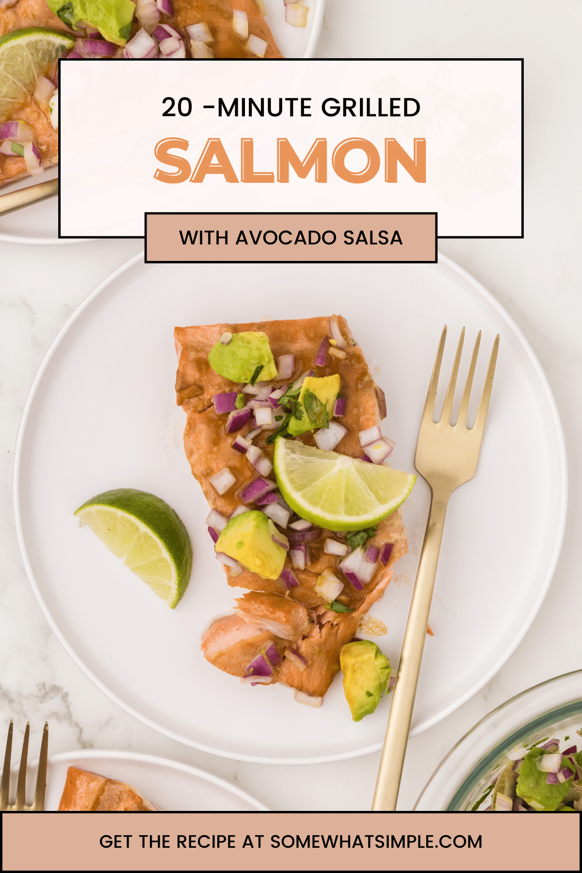 This recipe for grilled salmon with avocado salsa is a healthy, low-carb, simple meal idea that is easy to make in under 30 minutes! Tender flaky grilled salmon paired with a refreshing zesty avocado salsa makes for a delightful and impressive dinner for busy weeknights and special occasions! via @somewhatsimple