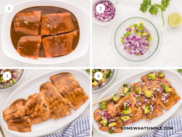 collage of step by step directions to make grilled salmon