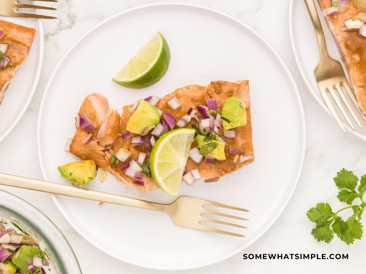 Plated grilled salmon recipe with a silver fork on a white plate