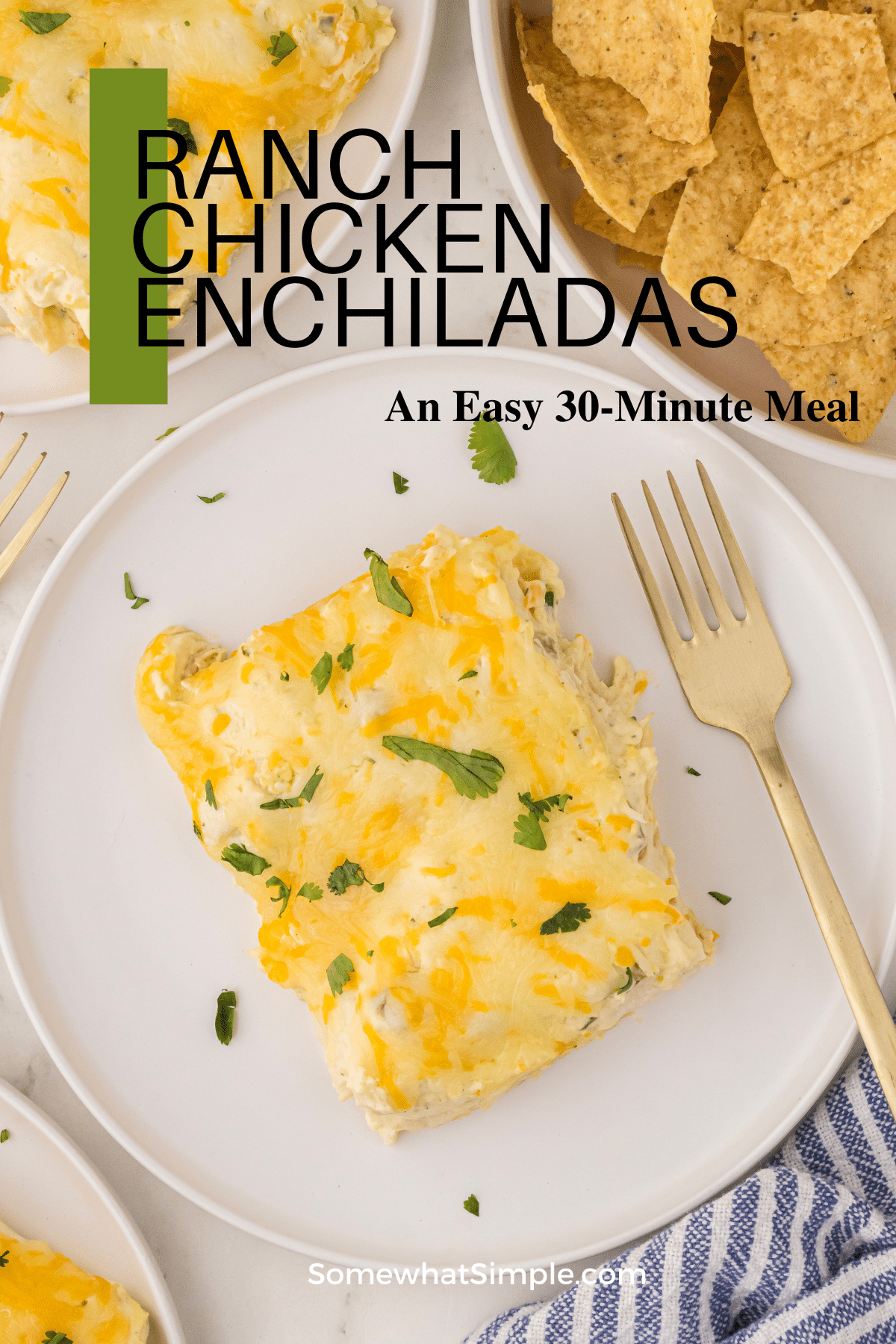 Ranch Chicken Enchiladas is a a 30-minute meal made with shredded chicken, a creamy ranch sauce, warm tortillas and melted cheese. via @somewhatsimple