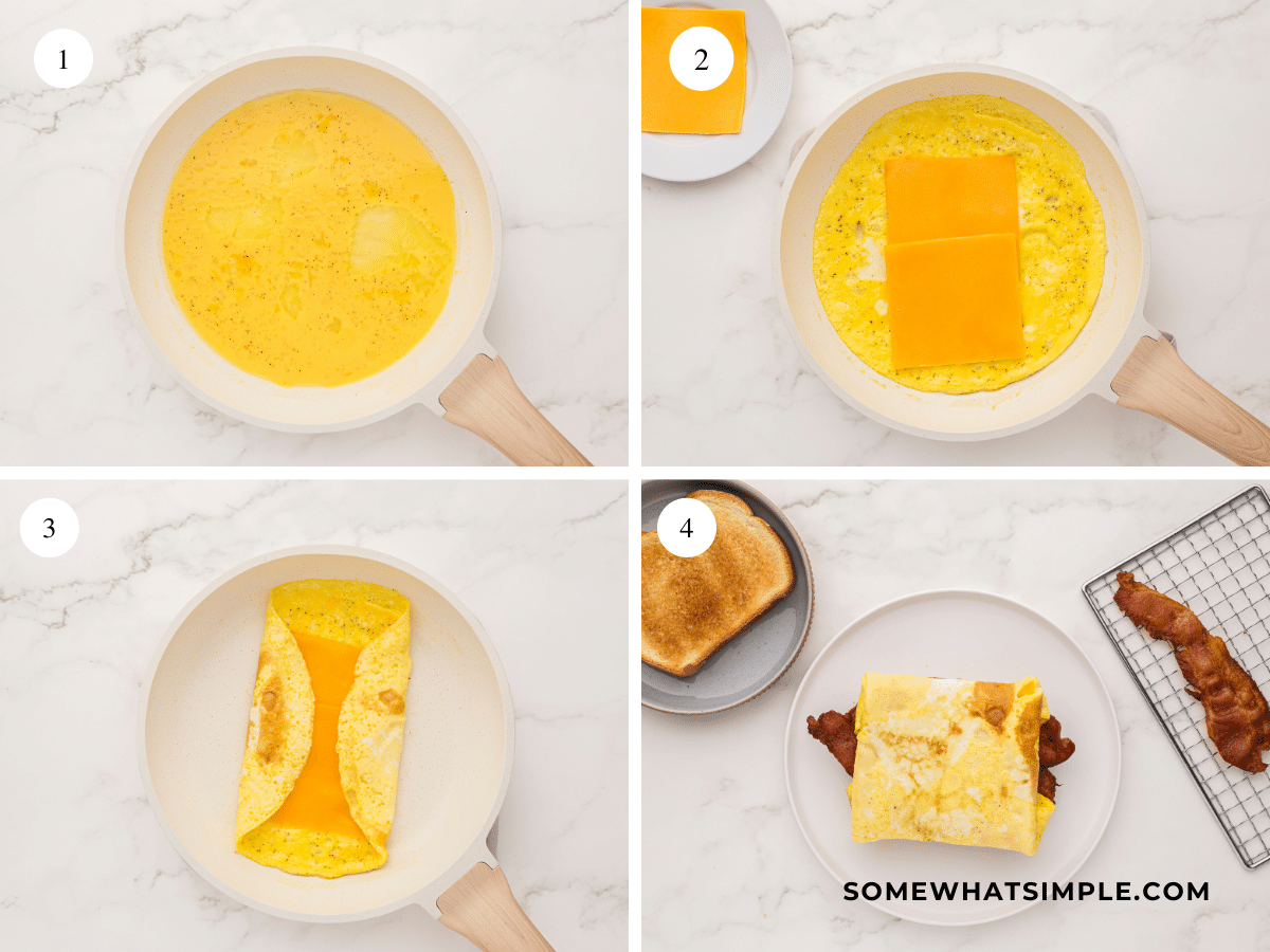 collage of instructions on how to make a scrambled egg sandwich
