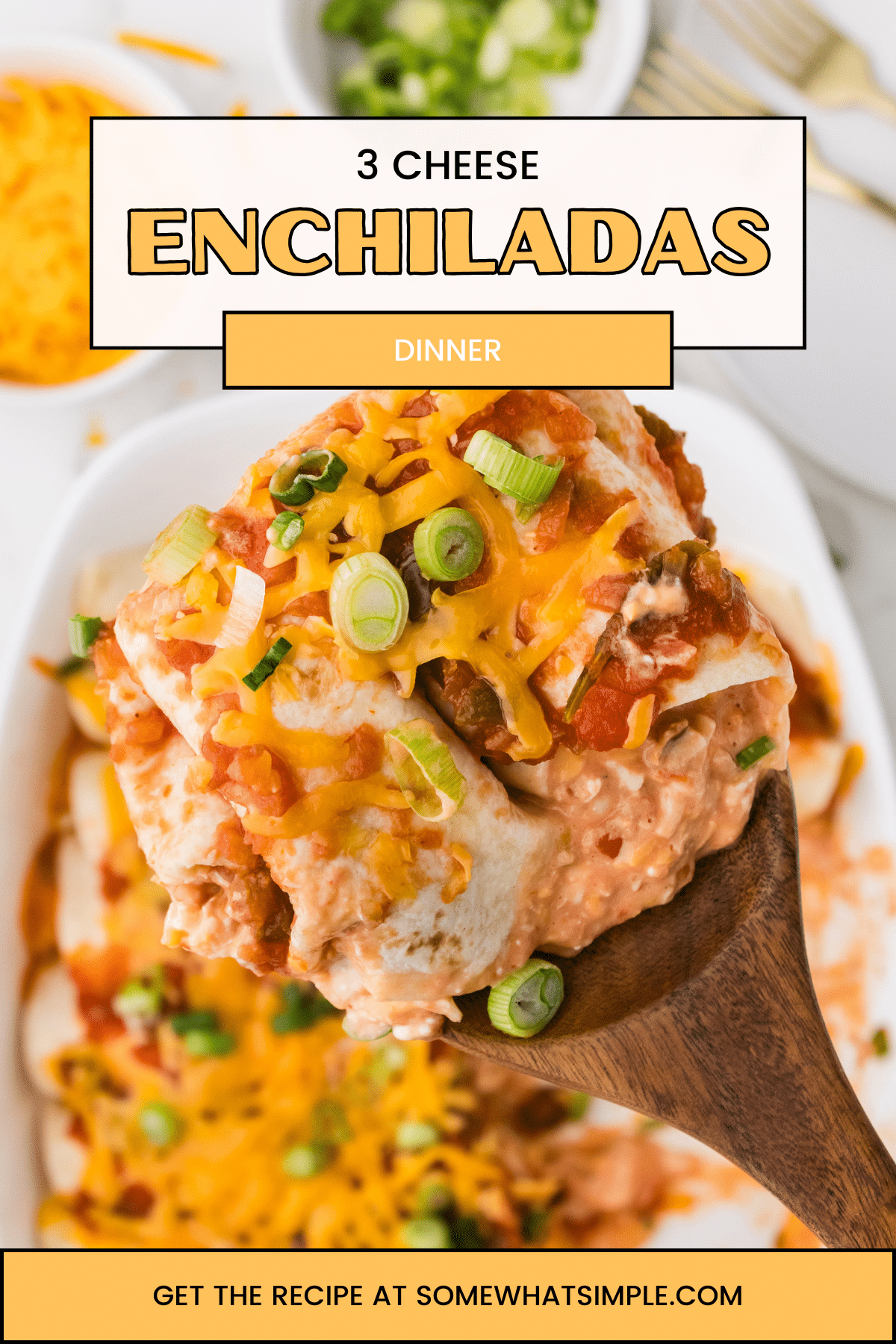 3 Cheese enchiladas are made with zesty salsa and 3 kinds of cheese including cream cheese, cheddar, and Monterey Jack then topped with more salsa and cheese and baked until bubbly! The perfect family-friendly meal that combines comfort and simplicity with pure satisfaction! via @somewhatsimple