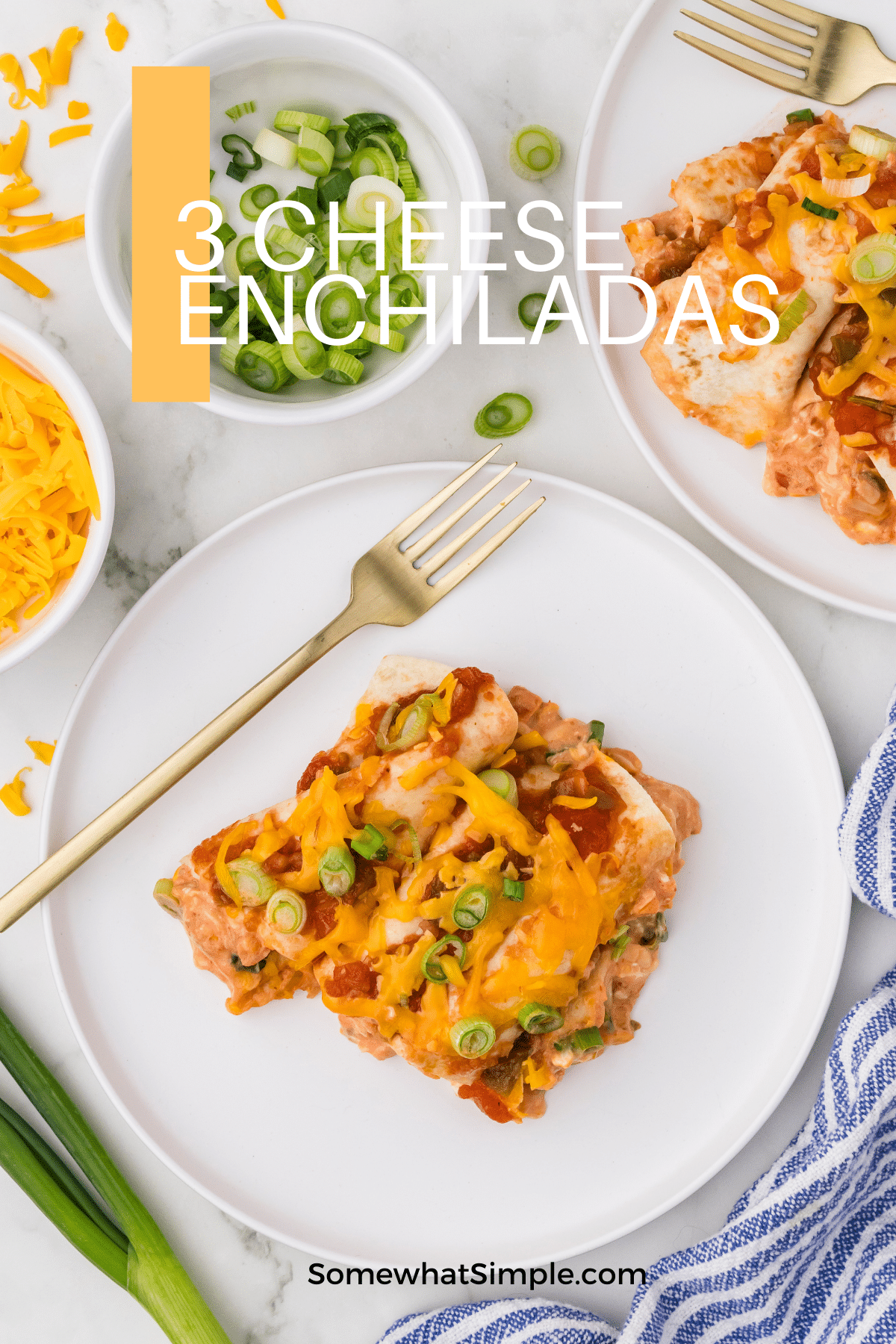 3 Cheese enchiladas are made with zesty salsa and 3 kinds of cheese including cream cheese, cheddar, and Monterey Jack then topped with more salsa and cheese and baked until bubbly! The perfect family-friendly meal that combines comfort and simplicity with pure satisfaction! via @somewhatsimple