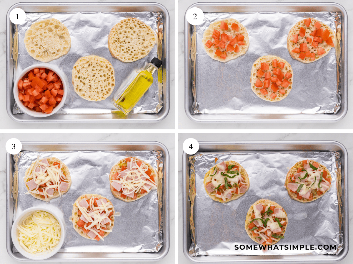 directions in a 4x4 grid showing the steps to make bruschetta breakfast