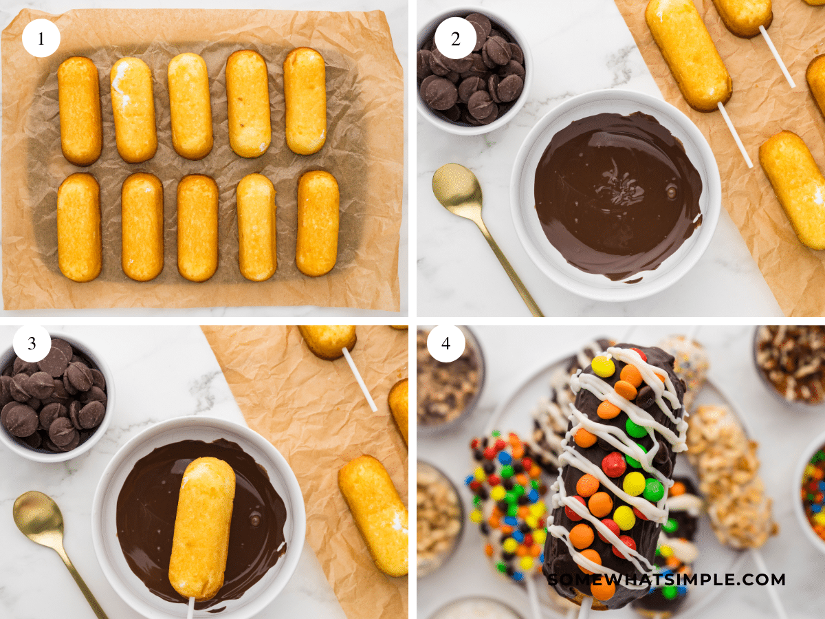 4x4 grid of instructions showing the steps to make Chocolate Covered Twinkies