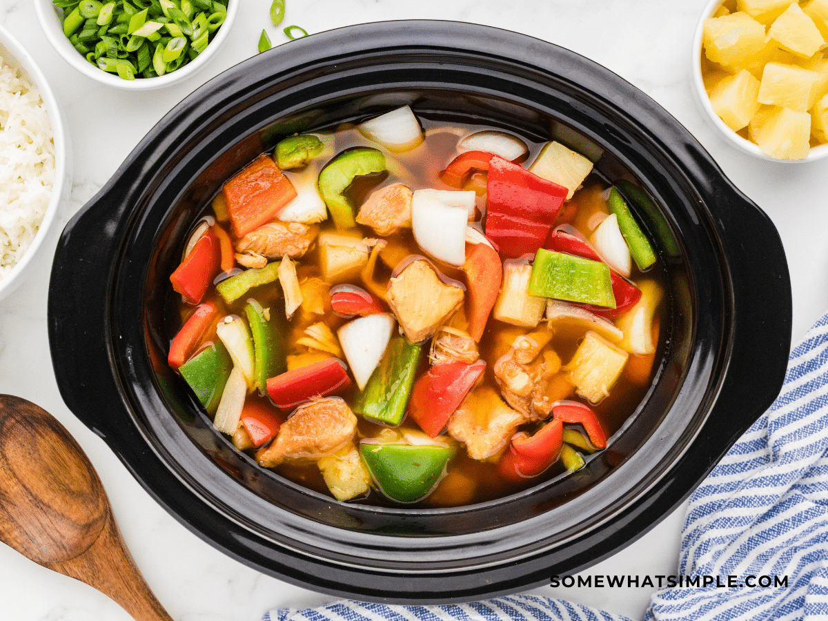 Finished product of Crock Pot Sweet and Sour Chicken in crock pot