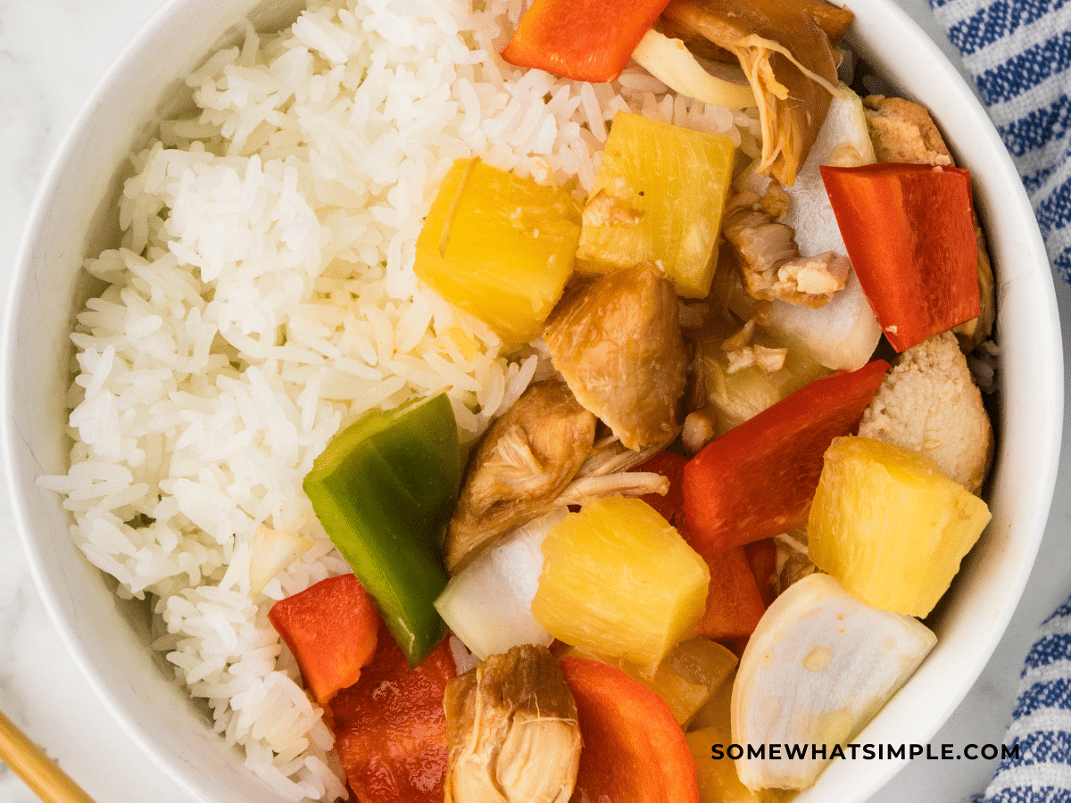 finished product of Crock Pot Sweet and Sour Chicken in a white bowl