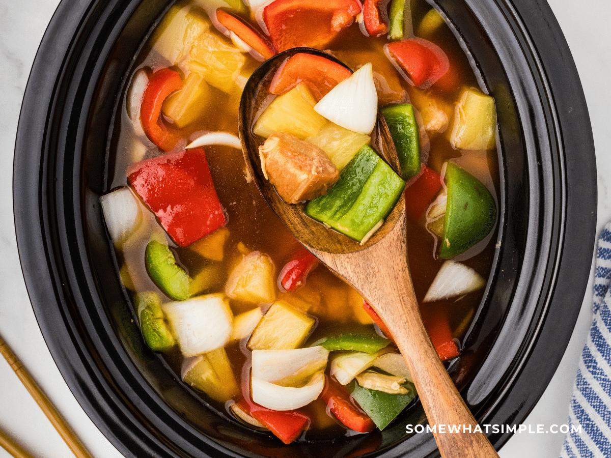 Finished product of Crock Pot Sweet and Sour Chicken in crock pot