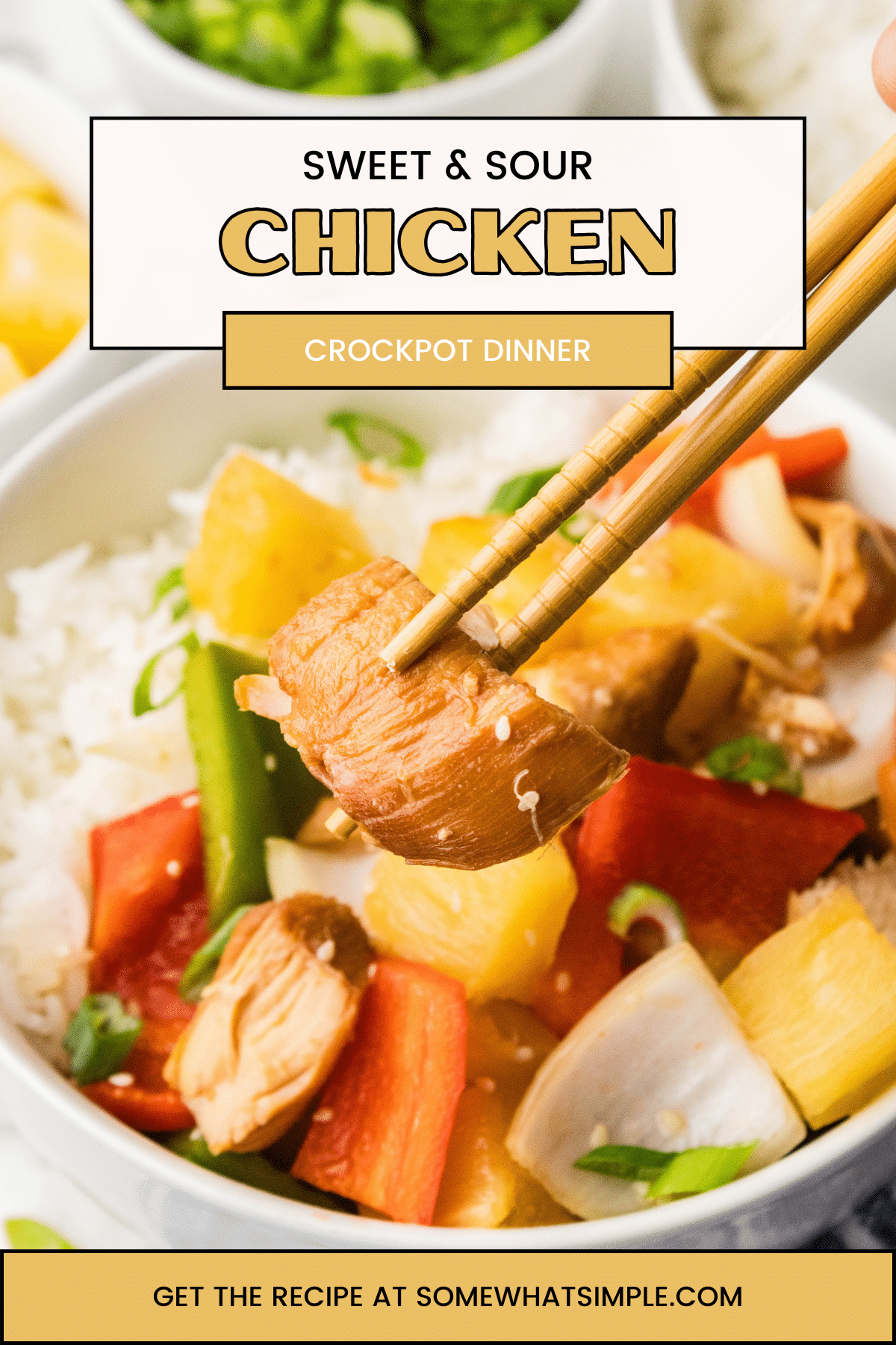 Crock Pot Sweet and Sour Chicken recipe will rival the flavor and freshness of your favorite takeout restaurant any day of the week! via @somewhatsimple