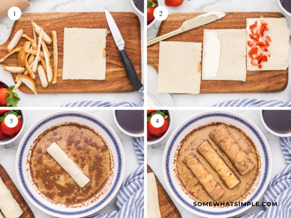 directions in a 4x4 grid showing the steps to make french toast rollups