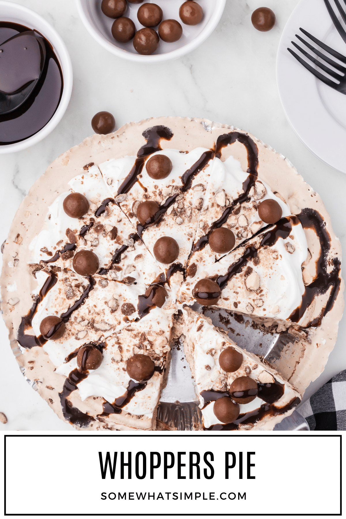 An easy no-bake ice cream whopper pie is the perfect creamy chilled dessert to serve all summer long! Made with two kinds of ice cream, whipped topping, and Whopper malted milk balls, this fun ice cream pie is as impressive to look at as it is easy to make! via @somewhatsimple